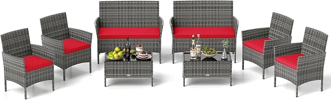Tangkula 8 Pieces Patio Rattan Conversation Set, Outdoor Wicker Furniture Set with Cushioned Chair, Loveseat & Tempered Glass Table, Outside Sectional Sofa Set for Backyard (G-red,2)