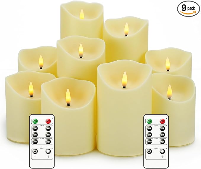 Nimiko Flameless Candles with Remote, Battery Operated Flickering Flameless Candles, LED Candles with Timer 2/4/6/8H, with Realistic LED Candles Set of 9 (D3 x H 3" 4" 5" 6" 7") (Ivory)