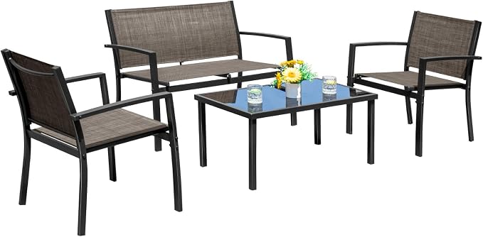 Devoko 4 Pieces Patio Furniture Set Outdoor Garden Patio Conversation Sets Poolside Lawn Chairs with Glass Coffee Table Porch Furniture (Brown)