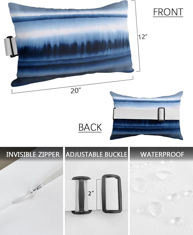 Outdoor Pillows Waterproof Covers Set of 2, Abstract Art Waves Elastic Chaise Lounge Headrest Pillow Covers, Stripes Watercolor Gradient Blue Lumbar Pillow for Beach Patio Furniture 20x12 Inch