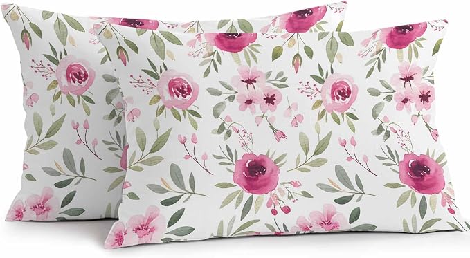 Vandarllin Outdoor Throw Pillows Covers 20x12 inch Set of 2 Waterproof Pink Flowers Decorative Zippered Cushion Covers for Patio Furniture, Floral Leaves Plant Lumbar Pillowcases