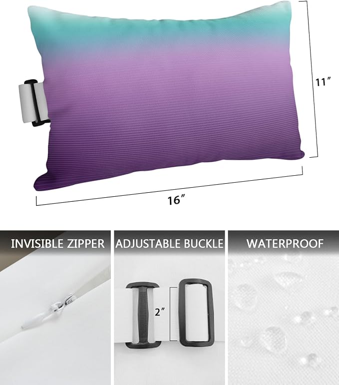 Outdoor Pillows Covers with Inserts Teal Turquoise Purple Ombre Stripe Line Gradient Waterproof Pillow with Adjustable Strap Throw Pillows for Patio Furniture Pool Lounge Chair, 11x16 Inch, 2PCS