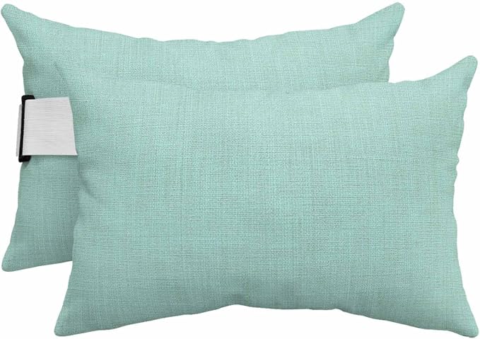 Pure Color Mint Green Chaise Lounge Head Pillow, 2 Pack Outdoor Recliner Pillow with Insert&Adjustable Elastic Strap, Vintage Monochrome Art Waterproof Throw Pillows for Patio Beach Chair