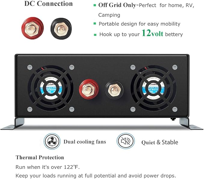 WZRELB Full Power 1000W Rated Power 2KW Surge Power 12V to 120V DC to AC Pure Sine Wave Inverter for Solar System and Off Grid Application Power Converter, (RBP100012B1)