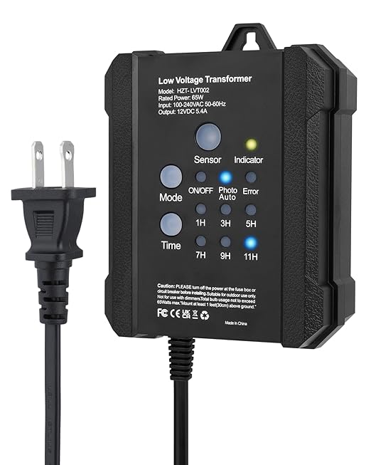 65W Outdoor Low Voltage Transformer with Timer and Photocell Sensor,120V AC to 12V DC Weatherproof for LED Landscape Lighting,Deck Lights,Spotlight, Pathway Light,ETL Listed