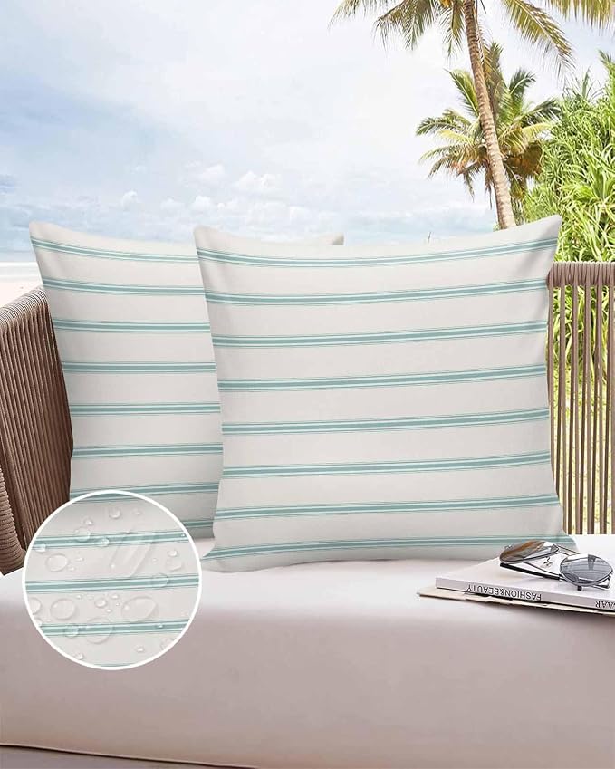 Vandarllin Outdoor Throw Pillows Covers 20x20 inch Set of 2 Waterproof Teal Blue Stripes Decorative Zippered Cushion Covers for Patio Furniture, Abstract Lines Striped Lumbar Pillowcases