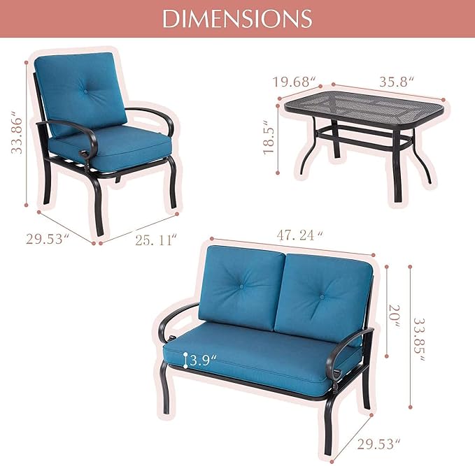 Outdoor Furniture Patio Conversation Set Loveseat, 2 Chairs, Coffee Table with Cushion, Lawn Front Porch Garden, Metal Chair Set Wrought Iron Look (Peacock Blue)