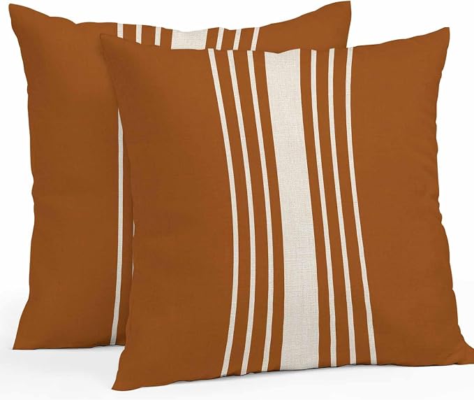 Throw Pillow Covers 20x20 Inch Set of 2, Burnt Orange Beige Striped Waterproof Outdoor Cushion Covers, Modern Farmhouse Retro Lines Decorative Pillowcases for Couch, Sofa, Bed, Garden, Patio