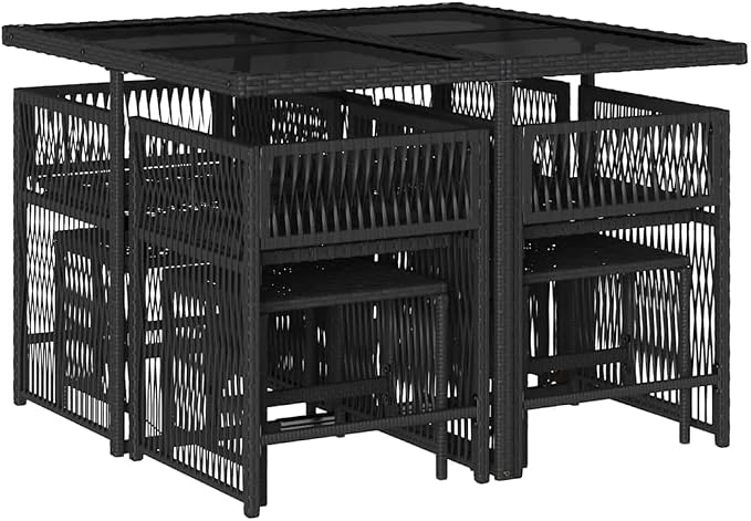 9-Piece Garden Dining Set with Cream White Poly Rattan and Tempered Glass Table, Foldable and Stackable Chairs for 8 People, Outdoor Patio Furniture