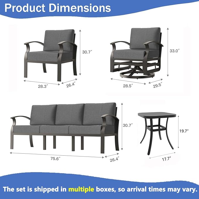 Aluminum Outdoor Patio Furniture Set,6 Pieces 7 Seats Patio Conversation Sets,Metal Patio Sectional Furniture Set with 5.1" Thickened Cushions,Swivel Rocking Chairs Set,Grey