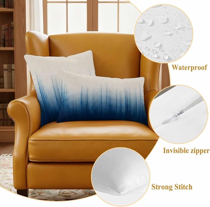 Blue Ombre Stripe Waterproof Outdoor Pillow Covers Set of 2 Home Decor, Abstract Art Modern Gradient Beige Pillowcase Patio Pillow Covers for Couch Bench Furniture Garden 20x20in