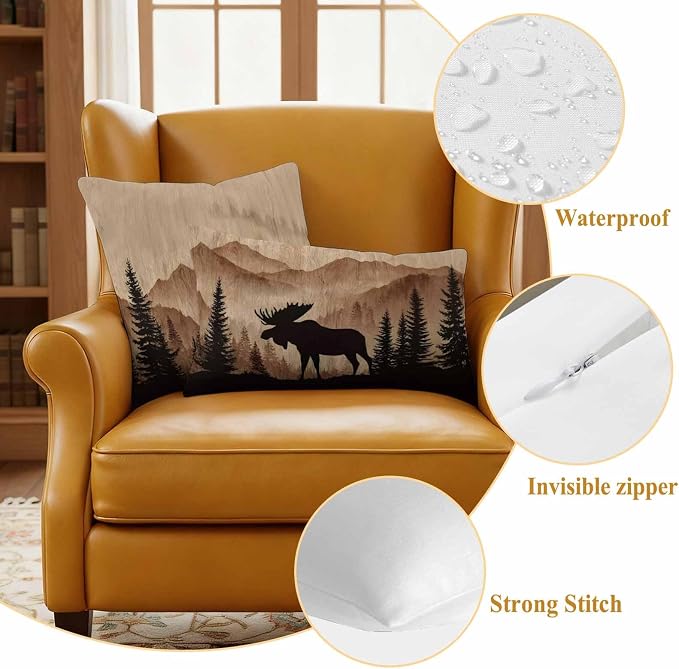 Moose Silhouette Outdoor Pillow Covers 26"x26" Set of 2, Nature Mountain Landscape Waterproof Throw Pillow Covers for Patio Furniture, Decorative Cushion Covers for Porch