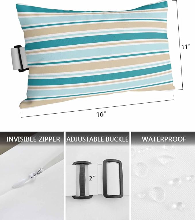 Pack of 2 Outdoor Lumbar Pillow Covers 11x16 Inch, Teal Khaki Striped Waterproof Throw Pillow Covers Set, Farmhouse Stripes Modern Abstract Art Outside Decorative Cushion Cases for Patio Porch Car