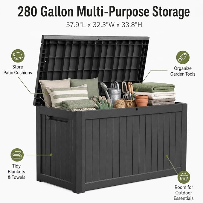 Outdoor Deck Patio Storage Box - 280 Gallon Large Outdoor Deck Box, Plastic Storage Bin with Lid, Outside Toy Box & Pool Storage Container for Cushions, Garden Tools, Towel, Black