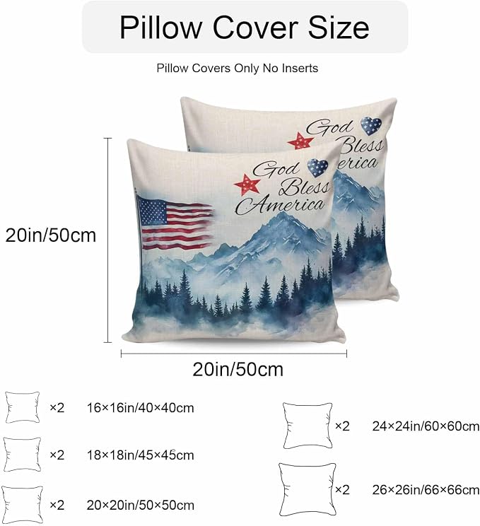 4th of July Outdoor Pillow Covers 20x20 Inch Throw Pillow Covers Set of 2 Waterproof Decorative Pillow Cases Independence Day American Flag Forest Cushion Covers for Patio Furniture Garden Couch Sofa