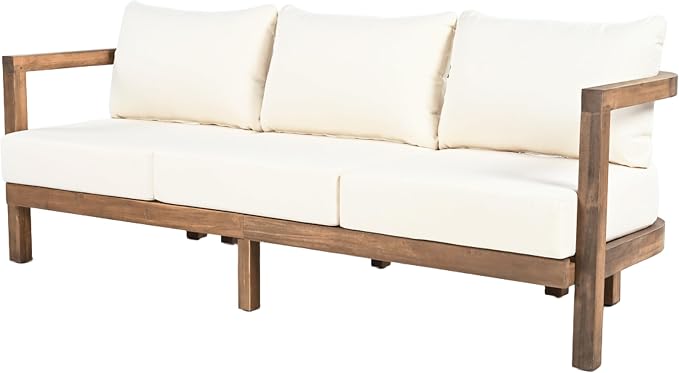 Merax 3 Seater Outdoor Acacia Wood Patio Sofa with Cushions for Porch, Garden, Backyard, Balcony, Brown wash, Beige Cushion