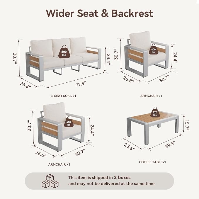 Aoxun Aluminum Patio Furniture Set, 5 Seats Luxury Metal Patio Conversation Sets with Coffee Table, 6'' Thick Cushions and 3-Seat Sofa, Sectional Outdoor Furniture Set for Backyard/Poolside, Beige
