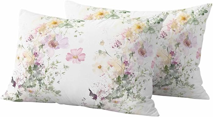 Watercolor Flowers Outdoor Waterproof Throw Pillow Covers Set of 2, 20"x12", Spring Retro Floral Purple Green Yellow Decorative Pillow Covers Outside Cushion Case for Patio Porch Garden