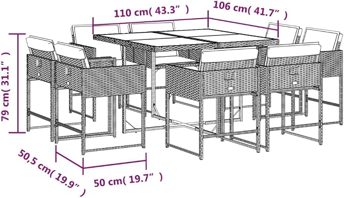 9 Piece Patio Dining Set with Cushions Black Poly Rattan Outdoor Garden Furniture Table and 8 Folding Chairs Tempered Glass Top UV-Proof Weather-Resistant for Backyard Entertaining