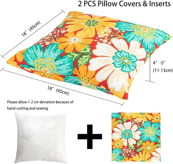 Magpie Fabrcis Pack of 2 Outdoor Waterproof Throw Pillow with Insert 18 x 18 Inch, Christmas Decorative Back Cushion Pad for Garden Patio Tent Balcony Couch Sofa (Embry Red Hibiscus)