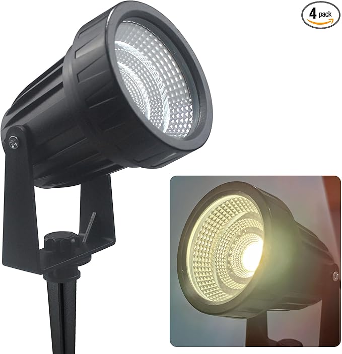 Outdoor Landscape LED Lighting 12W Waterproof Graden Lights COB Led Spotlights with Spiked Stand for Lawn Decorative Lamp Self wiring 85-265V 3000K-6000K Lawn Lights (4 Packs) (Daylight white 6000K)