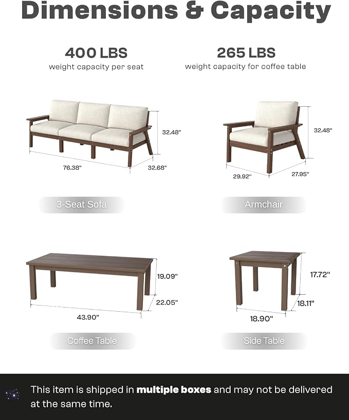 HDPE 5 Piece Patio Furniture Set, Outdoor Sectional Furniture with Beige Washable Thick Cushions & Coffee Table, Patio Conversation Sets for Garden, Porch, Balcony, Deck (Brown Frame)
