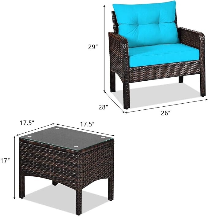 HAPPYGRILL 3 Piece Patio Furniture Set Outdoor Rattan Wicker Coffee Table & Chairs Set with Seat Cushions Patio Conversation Set for Garden Balcony Backyard Poolside
