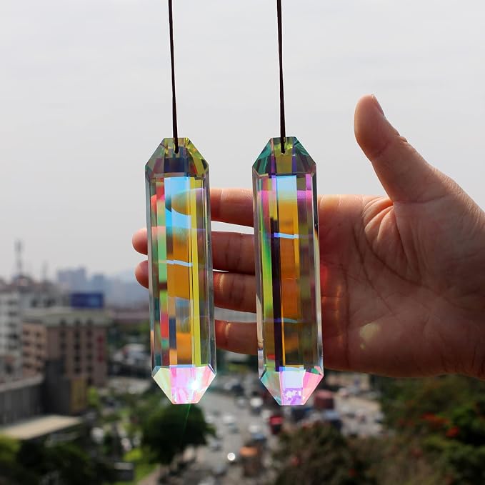 2PCS Long Crystal Suncatcher Prisms for Windows (Rect ABColor) | AB Color, Transparent, K9 Glass, Rainbow Maker, with Hooks & Cord