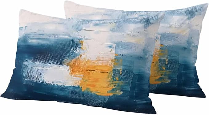 Blue Yellow Outdoor Waterproof Throw Pillow Covers Set of 2, 20"x12", Abstract Oil Painting Decorative Pillow Covers Outside Cushion Case for Patio Porch Garden