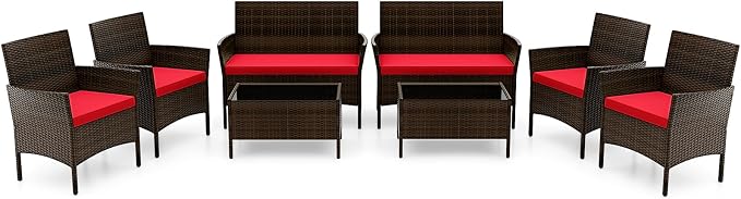 RELAX4LIFE 8-Piece Patio Furniture Set - Rattan Outdoor Conversation Bistro Set w/Cushions, Glass Coffee Table, Wicker Chairs & Loveseat for Garden Backyard Porch, Balcony Furniture Set (2, Red)
