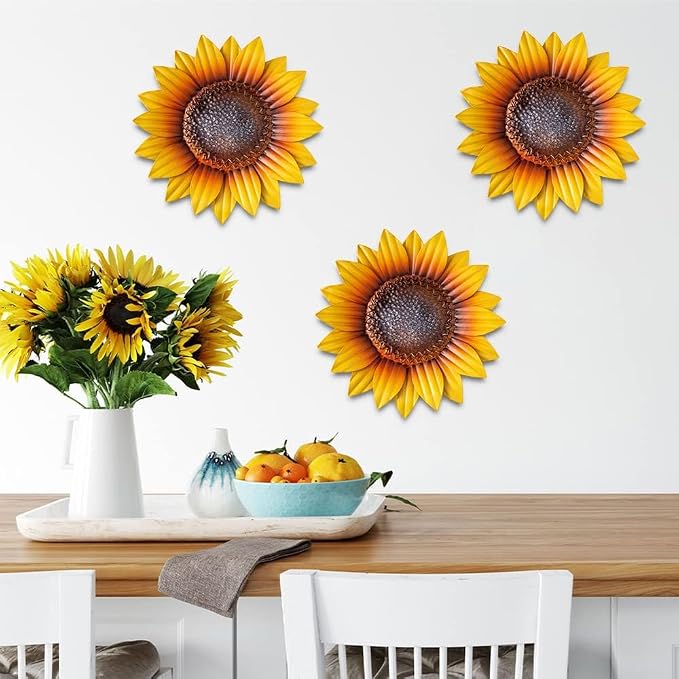 YEAHOME Sunflower Wall Decor - 9'' Metal Flower Wall Art Decorations 3 PACK Spring Yard Garden Sunflower Decor Hanging for Kitchen, Bathroom, Bedroom, Set of 3 Handmade Gift for Home, Indoor, Outdoor