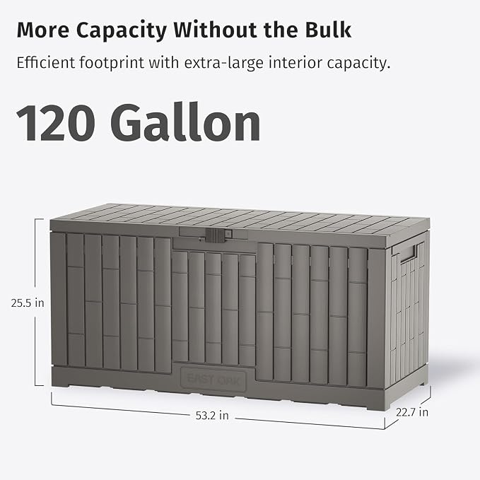 EAST OAK 120 Gallon Outdoor Storage Box | Large Resin Deck Box with Reinforced Stainless Steel Support | Waterproof & UV-Resistant Patio Storage Box for Cushions, Garden Tools & Pool Accessories, Grey