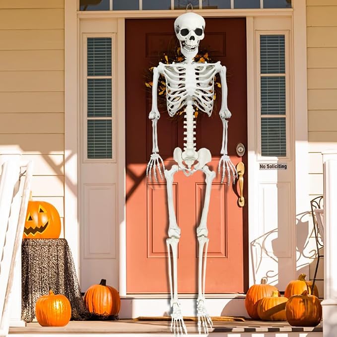 CAMIRUS 5.9FT/185cm Skeleton Halloween Full Size, Life Size Skeleton with Posable Joints Glowing Eyes Skeleton for Halloween Party Outdoor Haunted House Decor