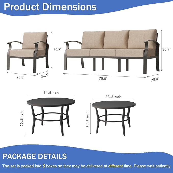 Kullavik Aluminum Patio Furniture Set,4 Piece Modern Metal Outdoor Patio Furniture w/5.1'' Thick Cushion and Round Coffee Table,Patio Conversation Sets for Porch,Deck,Sand