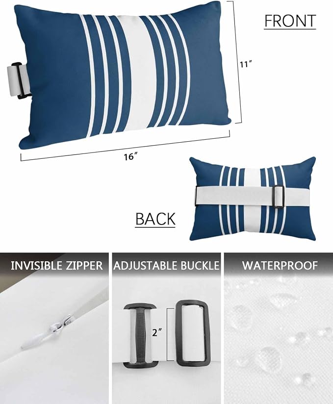 Outdoor Pillow for Lounge Chair with Strap & Insert Navy Blue Vertical Stripes Recliner Head Pillow Classic Striped Waterproof Headrest Patio Lumbar Pillows for Beach Pool Office Chaise Chair 11x16