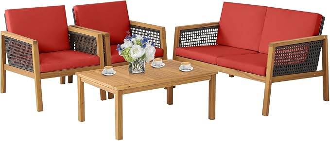 4 Pieces Outdoor Acacia Wood Furniture Set, Outdoor PE Wicker Conversation Set with Coffee Table and Soft Cushions, Outdoor Sofa Set for Garden, Poolside and Backyard (1, Red)
