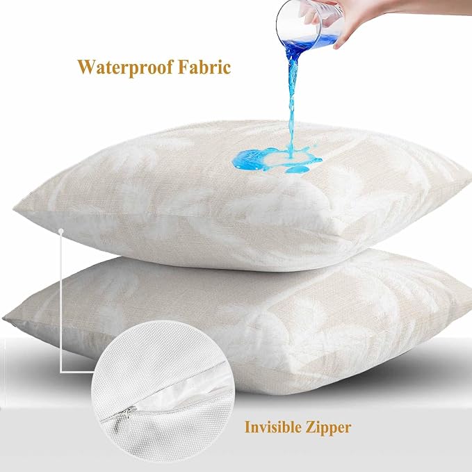 Outdoor Pillow Covers 18x18 Inch Set of 2, Cream Palm Trees Waterproof Throw Pillow Covers, Farmhouse Tropical Summer Beach Decorative Cushion Pillowcases for Couch, Sofa, Bed, Garden, Patio