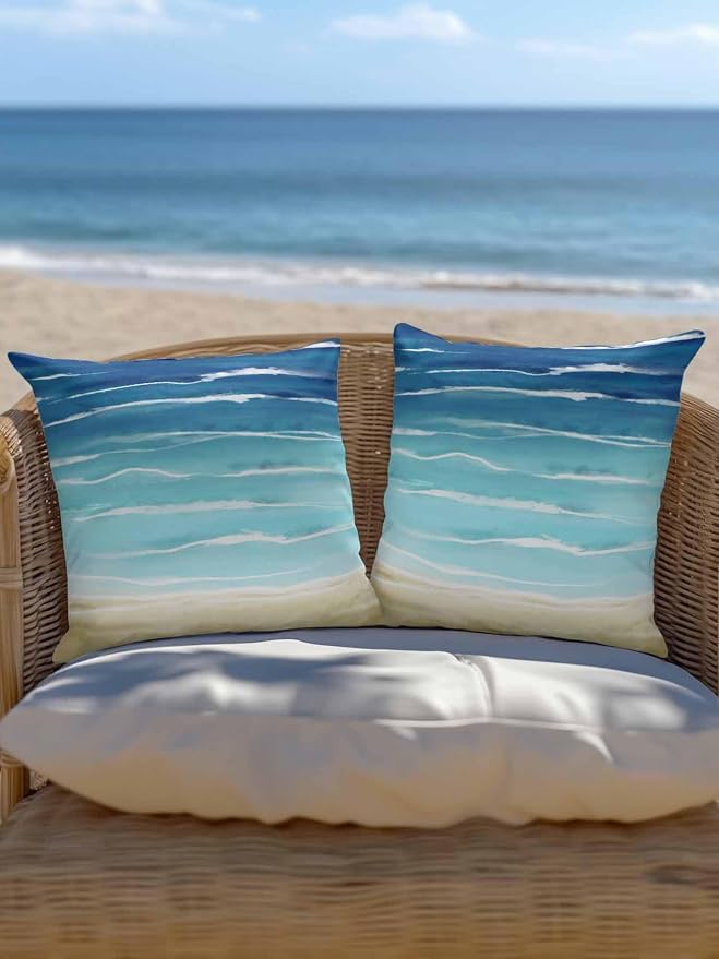 1 Pack Outdoor Pillows Waterproof, Blue Beige Ombre Indoor/Outdoor Throw Pillows with Inserts, Coastal Nautical Summer Beach Wave Decorative Pillow for Patio Furniture Chairs Couch 16"x16"