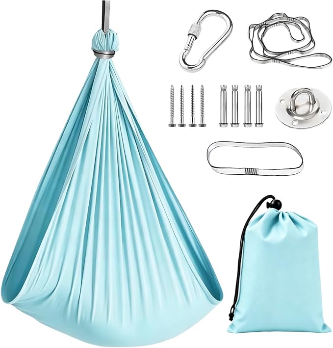 Hammock Without Stand, Double Layer Cuddle Hammock Swing, Adjustable Aerial Yoga Swing with Full Hardware Kit, 360° Swivel, Holds Up to 300lbs for Adults (Light Blue)