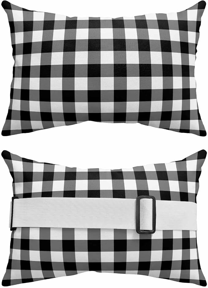 Pack of 2 Outdoor Lumbar Pillow Covers 11x16 Inch, Black White Plaid Waterproof Throw Pillow Covers Set, Gradient Geometric Buffalo Checkered Indoor&Outdoor Cushion Cases for Patio Porch Beach