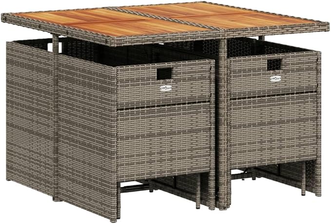 9 Piece Patio Dining Set with Cushions Gray Poly Rattan Outdoor Furniture Table and 4 Chairs with Stools Foldable Space Saving Acacia Wood Top Heavy Duty Weather Resistant for Garden Backyard