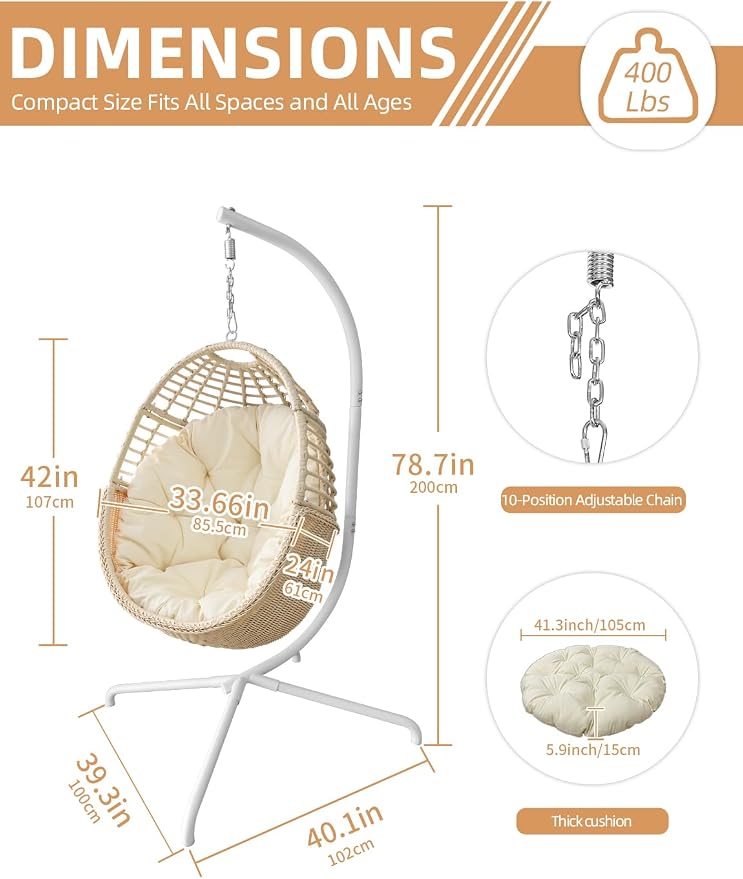 Eremi Hanging Egg Chair with Stand, Indoor Outdoor Wicker Rattan Swing Hammock Chair for Patio Porch Bedroom, Beige Cushioned Lounge Chair, 400 LBS Capacity