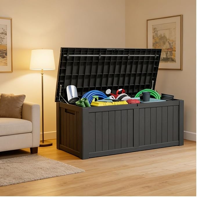 120 Gallon Waterproof Resin Outdoor Storage Box, Lockable & UV Resistant | Patio Deck Boxes, Outside Storage for Patio Cushions, Pool Toys, Garden Tools & Package Delivery, Black