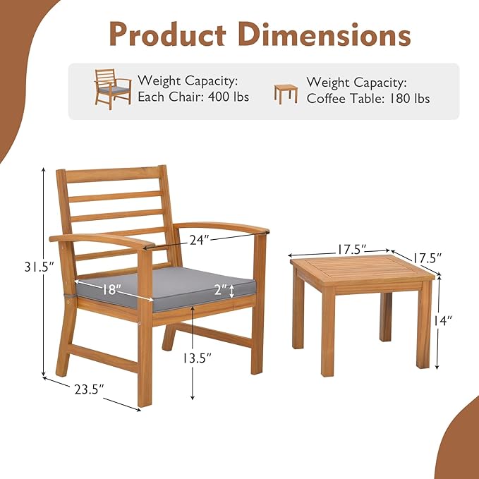 Tangkula 3 Pieces Outdoor Furniture Set, Acacia Wood Conversation Set with Soft Seat Cushions, Stable Acacia Wood Frame, Patio Sofa & Coffee Table Set for Backyard, Porch, Poolside (Grey)