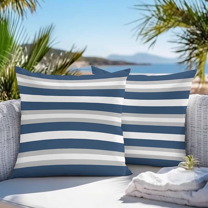 Throw Pillow Covers 26x26 Inch Set of 2, Navy Blue Grey Stripe Waterproof Outdoor Pillow Covers, Minimalist Farmhouse Striped Decorative Cushion Pillowcases for Couch, Sofa, Bed, Garden, Patio