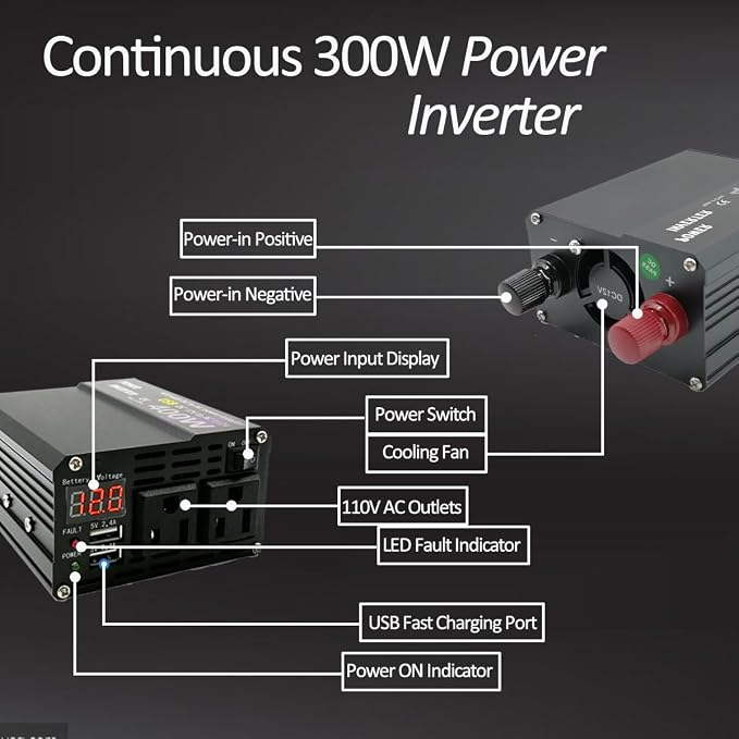 300W Power Inverter DC 12V to 110V AC Car Converter, with 2 AC Outlets& Dual USB Ports, AC Outlet for Laptop/TV, USB for Phone iPad, for Car RV Truck Camping Emergency Road Trips