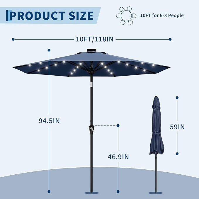 Garvee 9/10 FT Solar Patio Umbrella with 32 LED Lights - Outdoor Table Umbrella with Crank Lift, Push Button Tilt and 8 Sturdy Ribs - Market Umbrella UV Protection for Pool, Deck, Yard, Garden