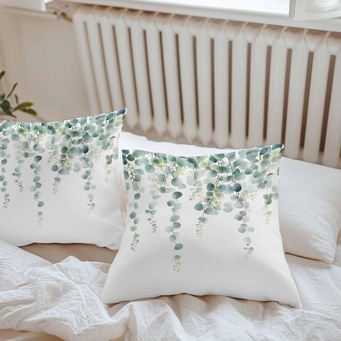 Eucalyptus Leaves Waterproof Outdoor Pillow Covers Set of 2 Home Decor, Pastoral Rustic Botanical Watercolor Pillowcase Patio Pillow Covers for Couch Bench Furniture Garden 20x20in