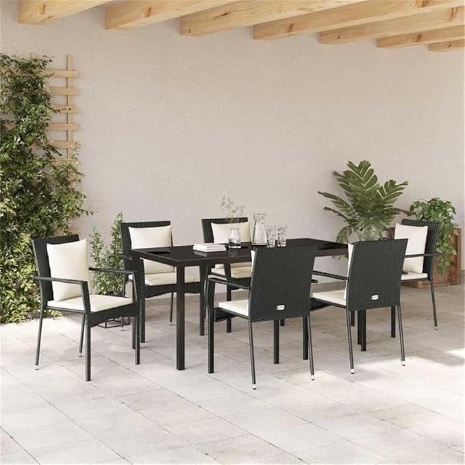 Afuera Living 7-Piece Outdoor Garden Dining Set, Poly Rattan, Black Finish, Cushioned Seating for 6, Tempered Glass Tabletop, Weather-Resistant, Modern Patio Furniture for Dining & Entertaining