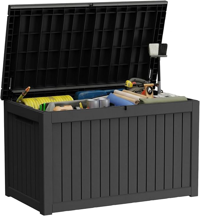 280 Gallon Outdoor Storage Deck Box Waterproof Resin Lockable Outside Bench Porch Patio Furniture Pool Float Garden Tool Cushion UV Resistant Bin Black